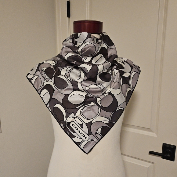 Coach Gray Silk Square Scarf Logo Print - Picture 2 of 6